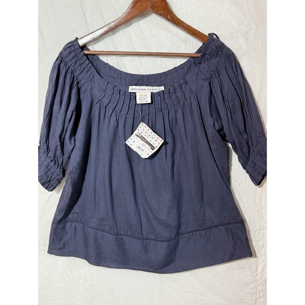 Gretchen Scott Navy Blue Pleated Top Large Boho NWT